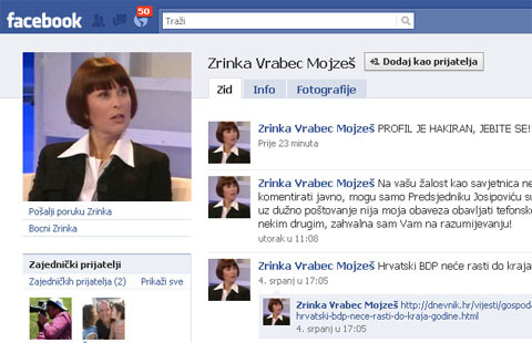 Hakiran Facebook profil Zrinke Vrabec Mojzeš