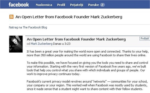 Zuckerberg se obratio svim korisnicima Facebooka